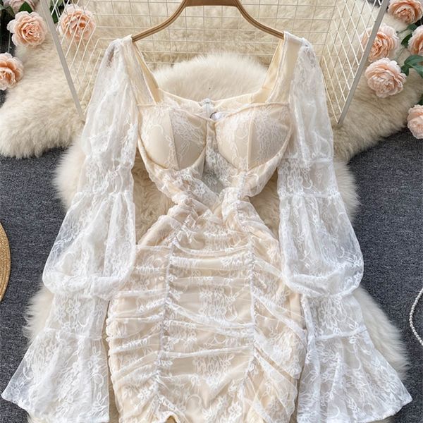 

yuoomuoo romantic women lace bodycon party dress spring summer elegant lantern sleeve gothic white black mini vestido 220613, Black;gray