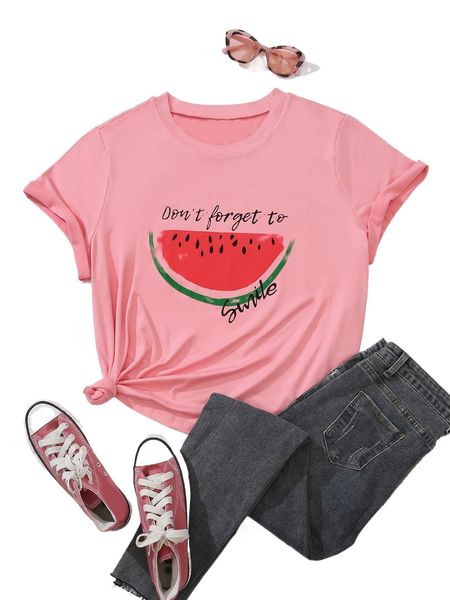 

women's plus size t-shirt watermelon & slogan graphic tee l0vt#, Black