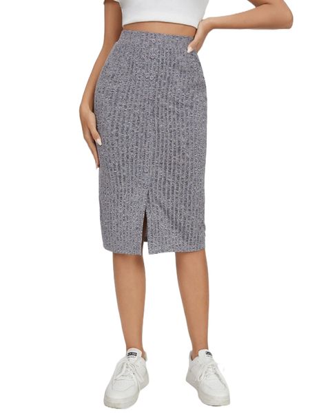 

high waist split hem skirt 20ip#, Black
