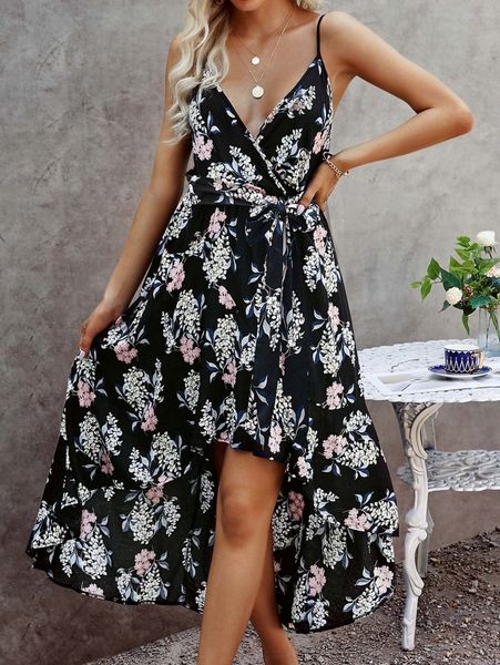 

floral print high low hem cami dress w4r3#, Black;gray