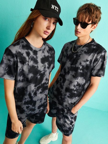 

1pc tie dye tee & 1pc shorts a8ca#, Gray