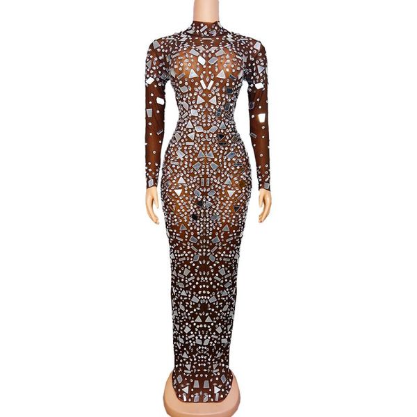 

evening party celebration stage transparent mesh long dresses silver rhinestones mirror costume singer model show catwalk gowns see through, Black