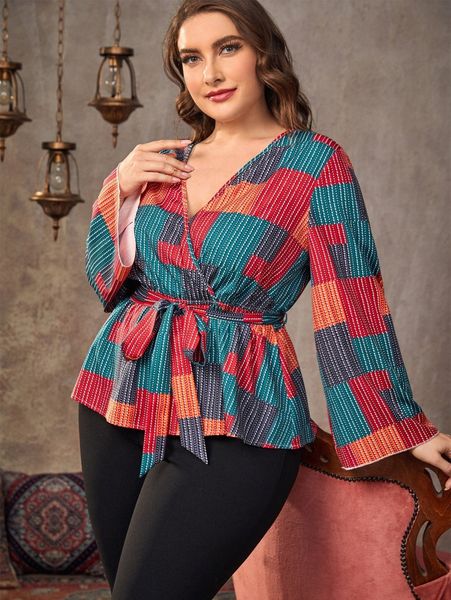 

plus patchwork print trumpet sleeve belted blouse 931p#, Black