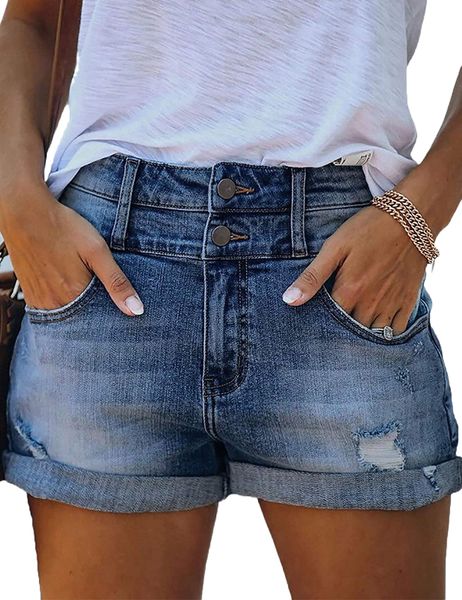 

women casual high rise 2 button distressed folded hem denim jeans shorts h78d#, White;black
