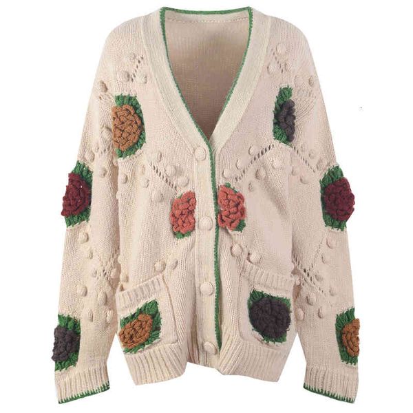 

women's knits tees v-neck three-dimensional flower wool cardigan hollowed out sweater women's clothing autumn and winter loose thi, White