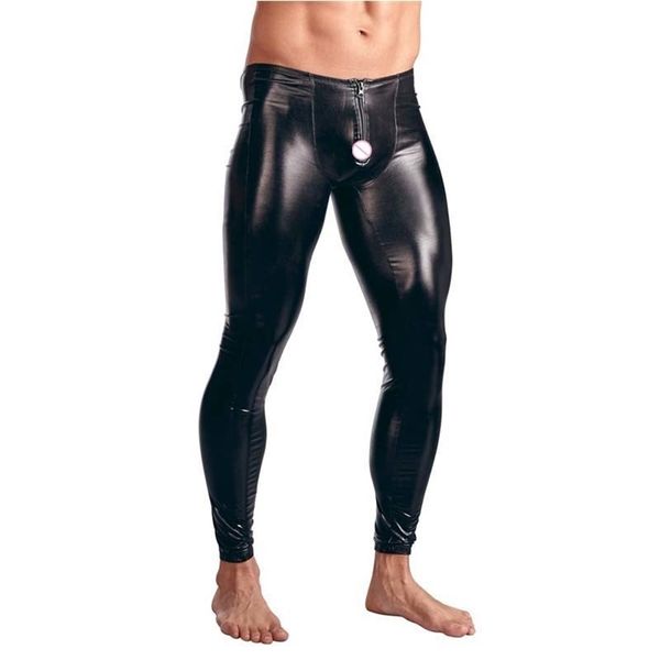 Calça de couro de patente de patente de mans preto