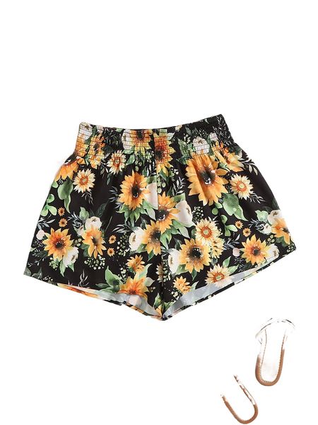 

plus floral print shirred waist wide leg shorts e2is#, Black