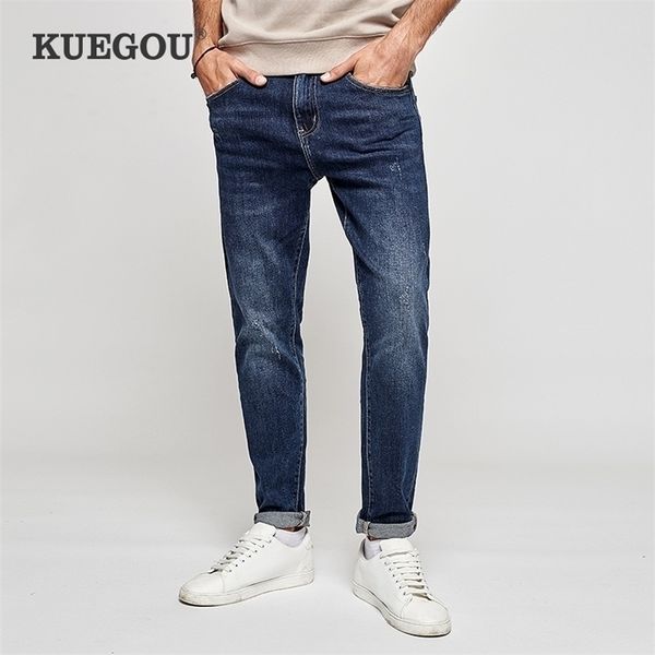 

kuegou cotton autumn spring clothing jeans scratched wear slim fashion trousers stretchy denim men pants lk-1840 220328, Blue