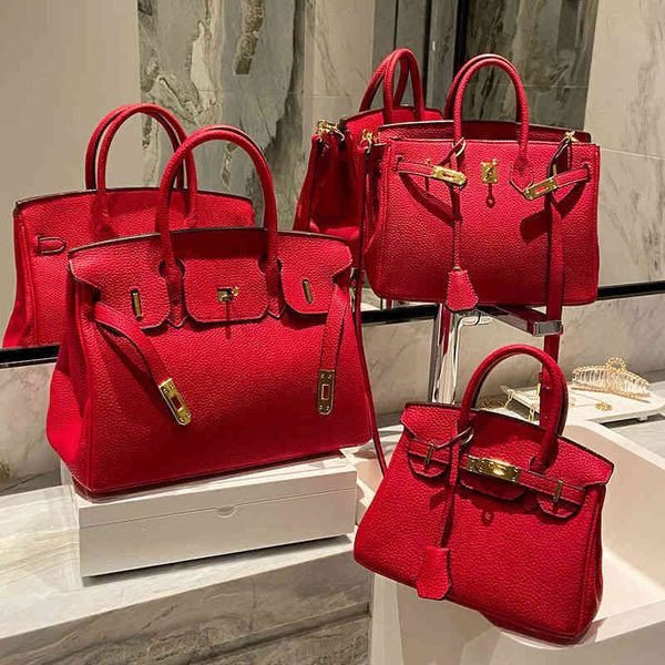 

luxury classic handbags birkinss flagship store authentic 2022 fashion litchi pattern platinum bag portable one shoulder large capacity red