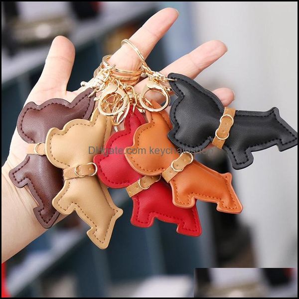 

french dog car key chains buckle puppy bldog pendant keychains rings holder pu leather animal charms cartoon mens jewelry accessories fashio, Slivery;golden