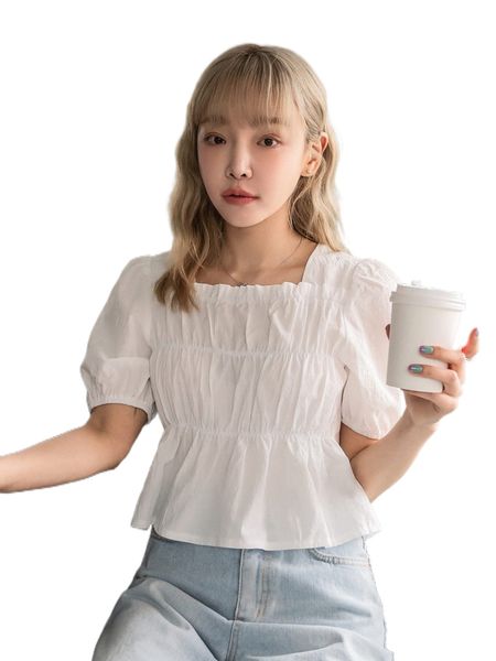 

dazy r.uched p.uff s.leeve solid p.eplum b.louse g7yf#, White