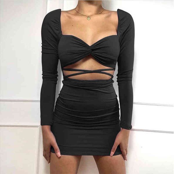 

designer women's casual dresses 2022 slim dresses low cut bandage hip long sleeve open back skirt, Black;gray