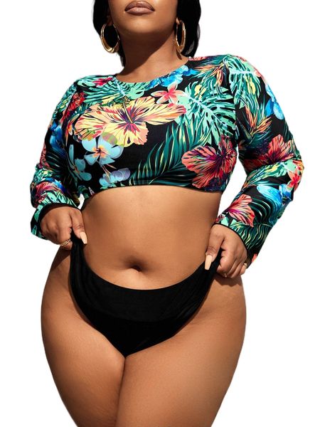

plus tropical print high waisted bikini swimsuit c8o2#, White;black