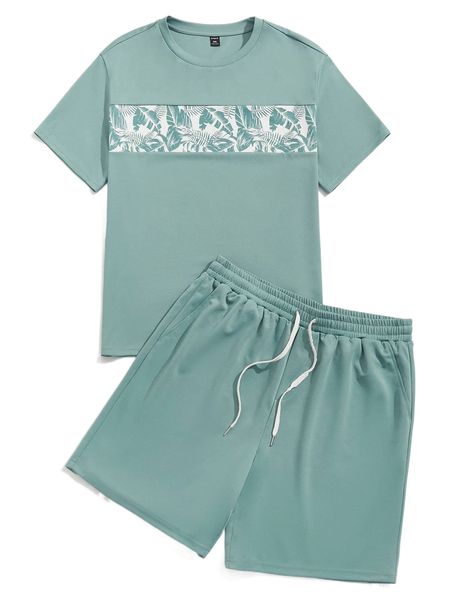 

extended sizes men tropical print tee & drawstring waist shorts s2pp#, Gray