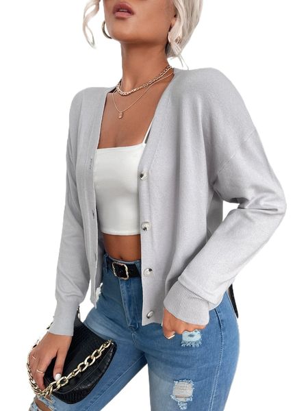 

drop shoulder ribbed knit cardigan j1tv#, White;black