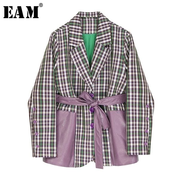 

women purple plaid pu leather big size blazer lapel long sleeve loose fit jacket fashion spring autumn y201026, White;black