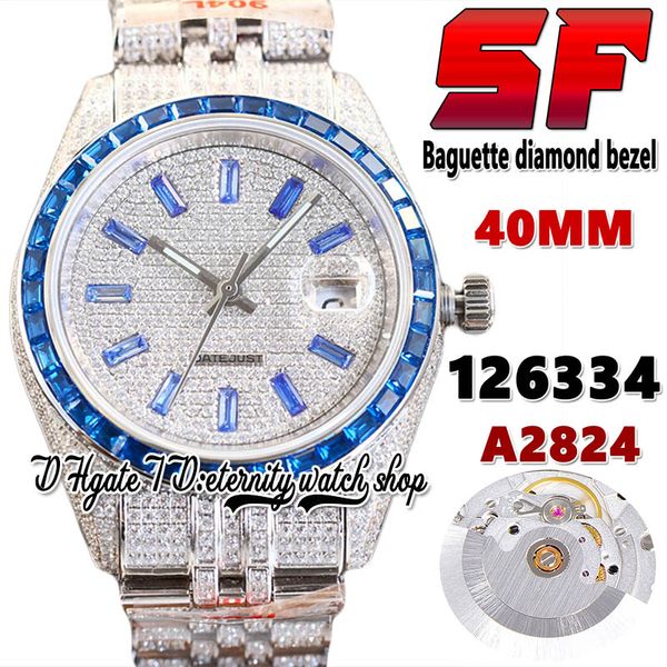 

2022 sf ti126334 ny126333 a2824 automatic mens watch nt126300 blue baguette diamonds bezel 904l stainless iced out diamond bracelet eternity, Slivery;brown