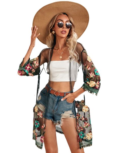 

sheer embroidered mesh kimono b8rg#, White;black