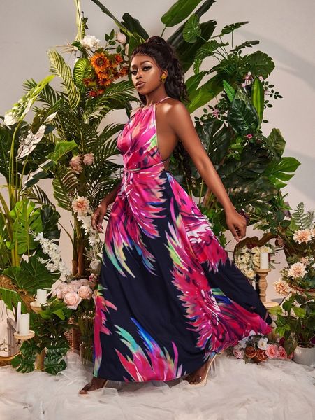

sxy tropical print backless dress x6k0#, Black;gray
