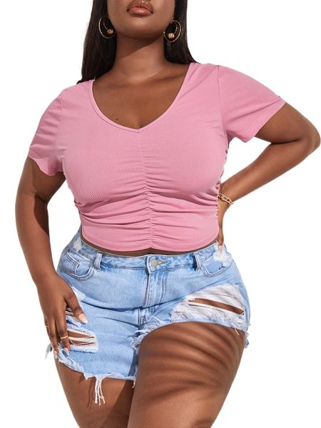 

plus ribbed knit ruched tee t6bl#, Black