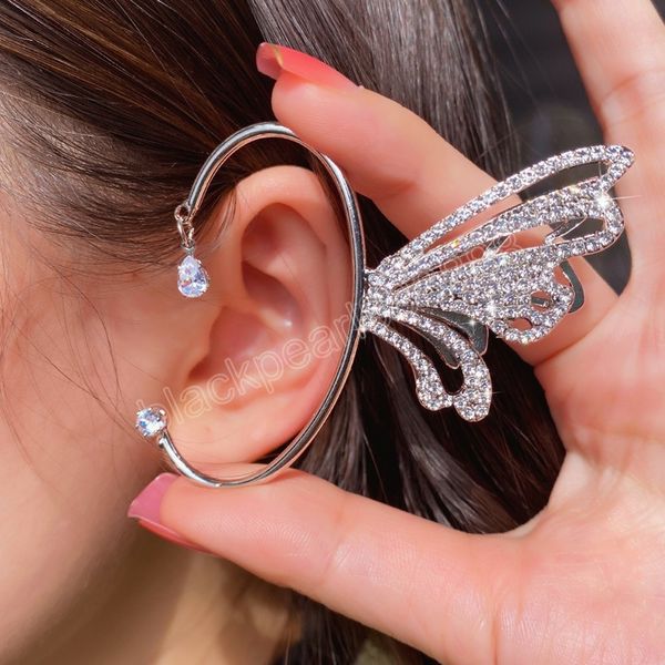 Gümüş Kaplama Büyük Kelebek Kanatları Kadınlar için Kulak Klipleri Hiçbir Piercing Parlak Zirkon Kristal Düğün Küpe Takı Parti Hediyeler