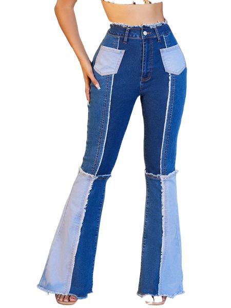 

colorblock raw cut flare leg jeans 66zr#, Blue