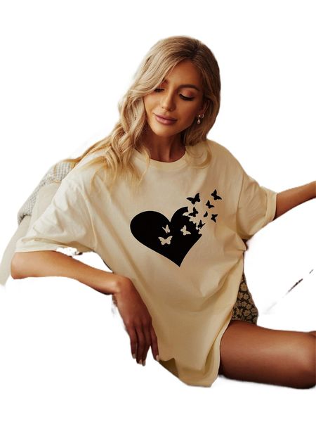 

butterfly & heart print drop shoulder tee t8ts#, White