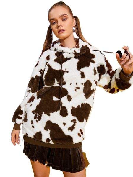 

x fabriano alicia cow pattern drawstring flannel hoodie w7oh#, Black