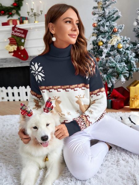 

christmas pattern high neck sweater i2fe#, White;black