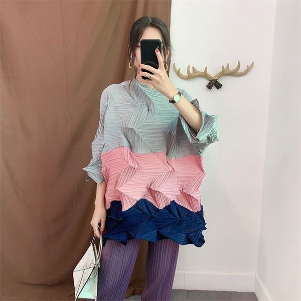 

lanmrem green contrast stand collar cropped sleeve pleated plus woman long t-shirt casual simple fashion 2020 spring new t200110, White