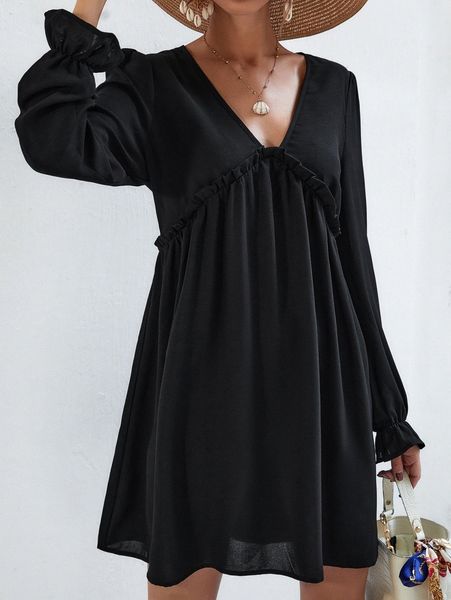 

frill trim flounce sleeve tie back dress 29bz#, Black;gray