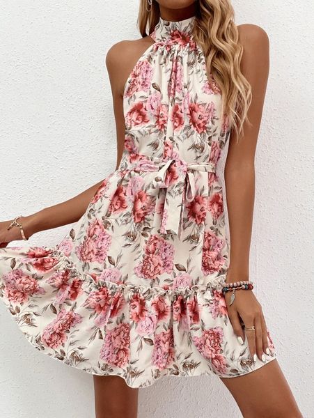 

ruffle hem self belted floral print dress b09f#, Black;gray