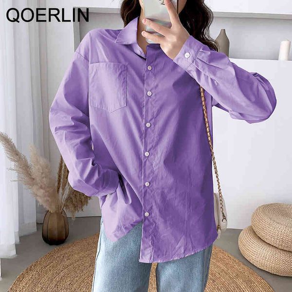 

qoerlin ol style office outfits singlebreasted blouse women turndown collar full sleeve loose white shirts female plus size 210412