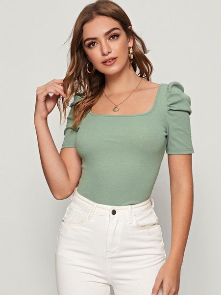 

solid square neck puff sleeve 76xp#, White