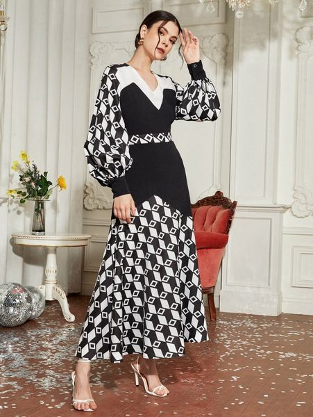 

x chen miaomiao lantern sleeve chevron colorblock geo print dress k4cu#, Black;gray