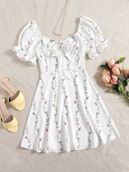 

puff sleeve drawstring ruched bust floral dress e5kx#, Black;gray