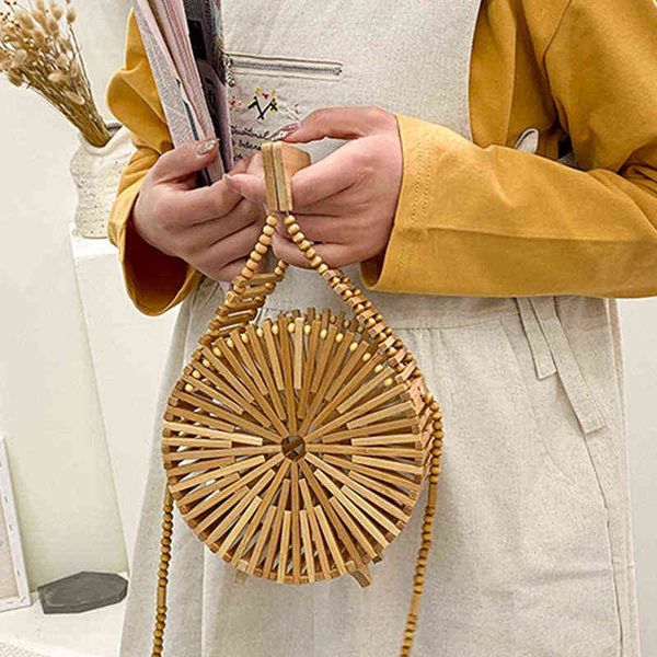 

evening bags round bag 2022summer luxury hand women s shoulder hollow out bamboo woven beach mobile phone wallet 220517