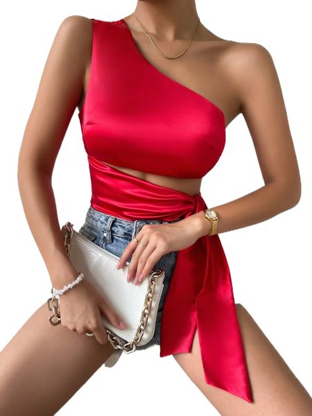 

one shoulder tie side satin i4qs#, White