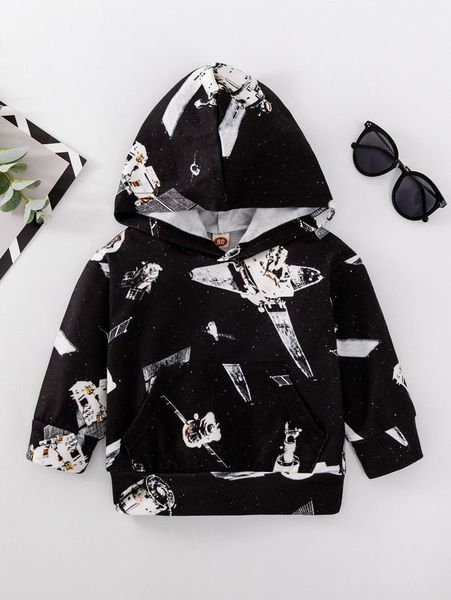 

baby spaceship print hoodie she, Black
