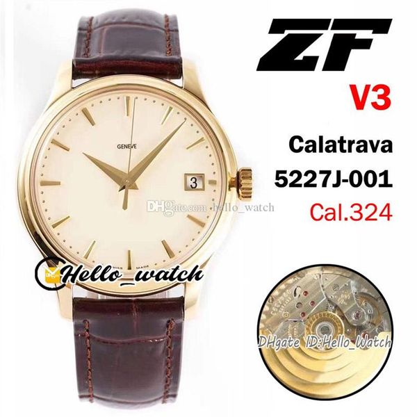 

zff new v3 calatrava 5227 5227j-001 eta pp324sc automatic mens watch silver dial stick marker 18k yellow gold case brown leather h274q, Slivery;brown