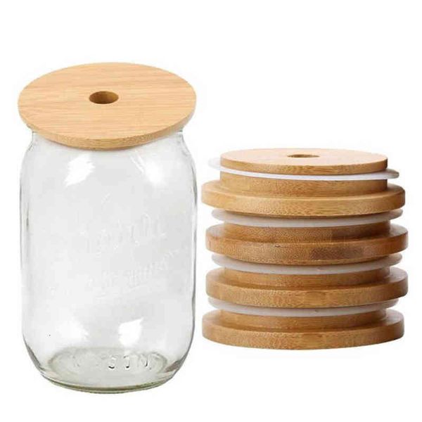 

stock bamboo cap lids 70mm 88mm reusable bamboo mason jar lids with straw hole and silicone seal xu