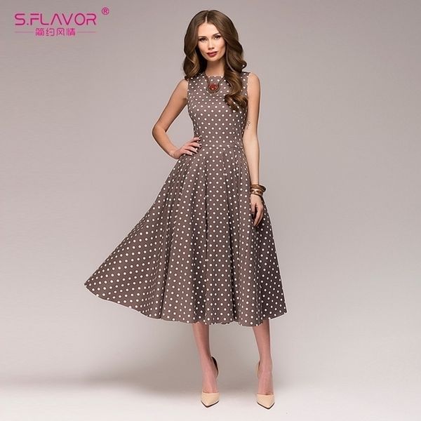 

s.flavor women vintage dress sleeveless oneck spring summer vestido elegant dot printing midcalf casual dress female y200101, White;black
