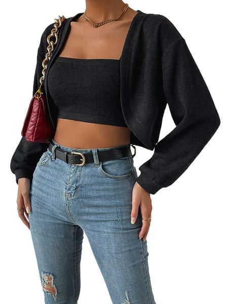 

drop shoulder open front coat & crop cami v58h#, White