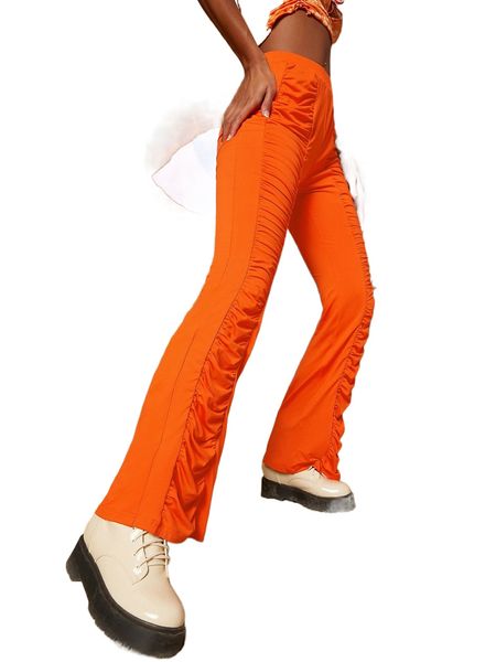 

neon orange high waist ruched pants r067#, Black;white