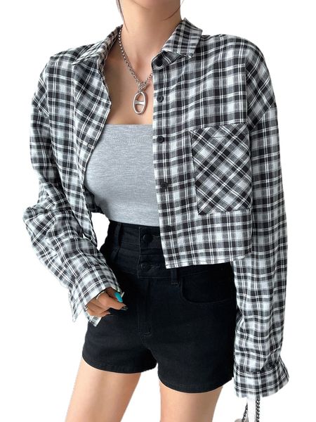 

dazy plaid print drop shoulder blouse s10d#, White