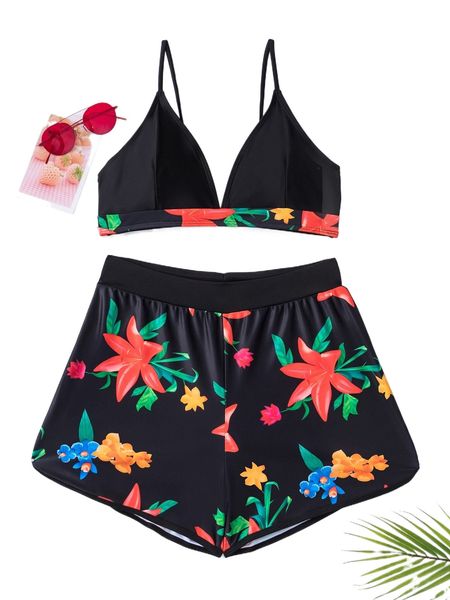 

random floral print shorts bikini swimsuit z47p#, White;black