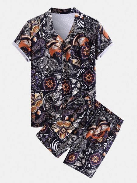 

men random floral print patched pocket shirt & drawstring waist shorts f2cb#, Gray