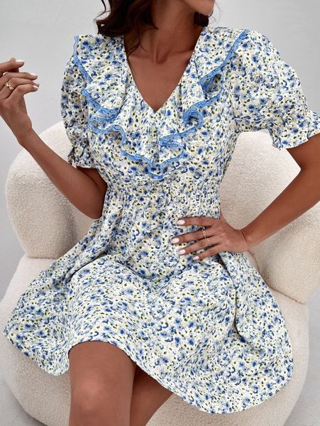 

allover floral lace panel ruffle trim dress k3hf#, Black;gray