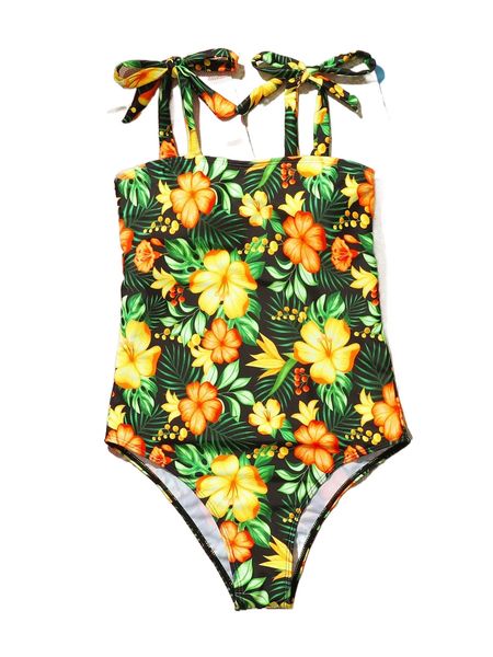 

random tropical print tie shoulder one piece swimsuit z2xq#, White;black