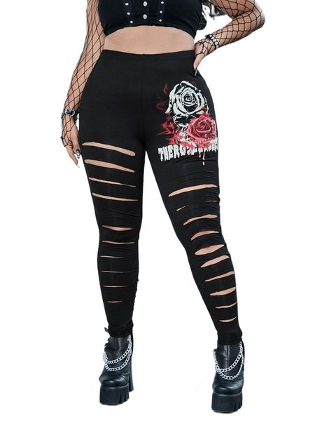 

plus floral & letter graphic laddering cut out leggings 134p#, Black